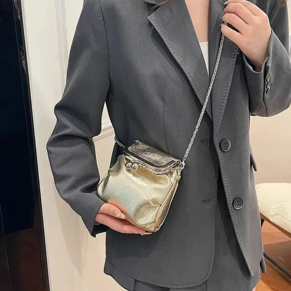 Kisslock Flap Chain Crossbody Vegan Leather Minimalist Clutch Bag